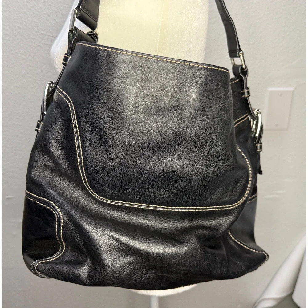 Michael Kors Hobo Bag Womens Large Black Leather Contrast Stitch Boho Classic